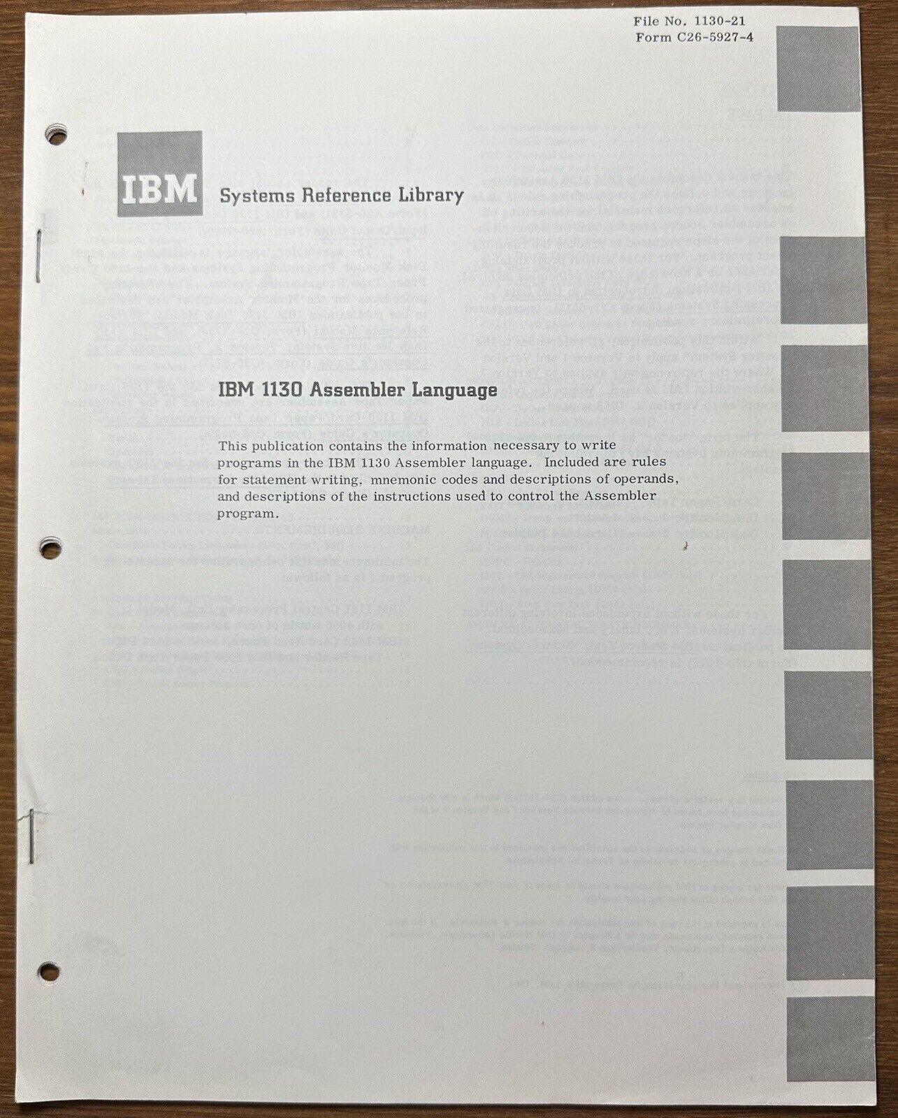 Vintage 1968 IBM Systems Reference Library 1130 Assembler Language Fifth Edition