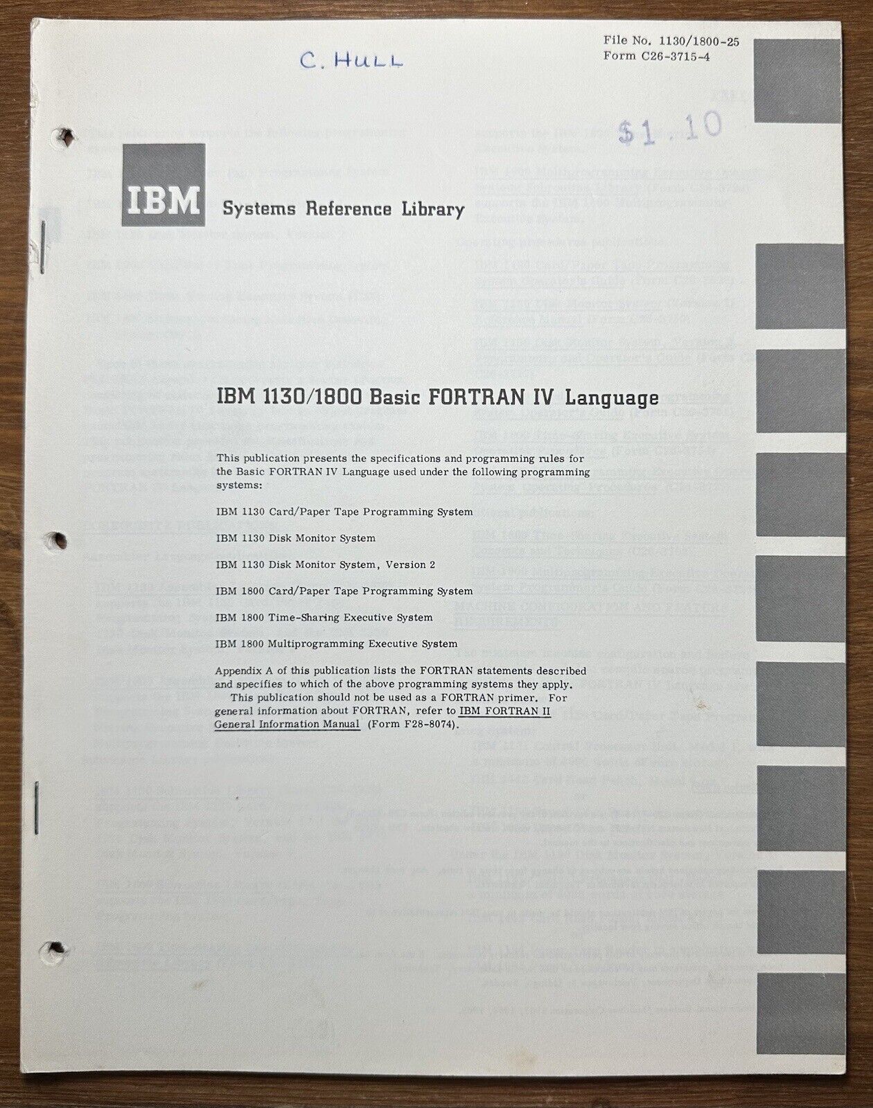 Vintage 1969 IBM Systems Reference Library 1130/1800 Basic FORTRAN IV Language
