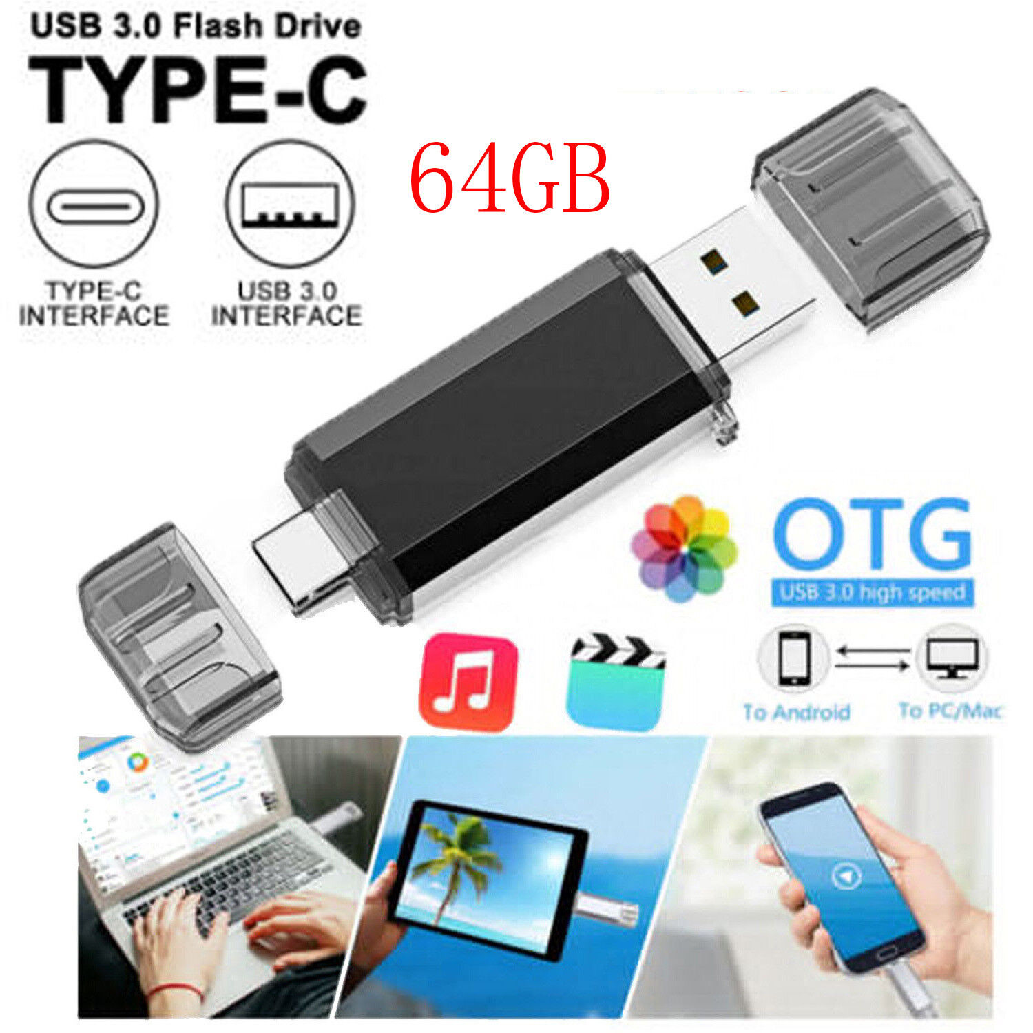 2 in 1 OTG USB Flash Drive 64GB Memory Stick Type-C Pen drive Lot Pack