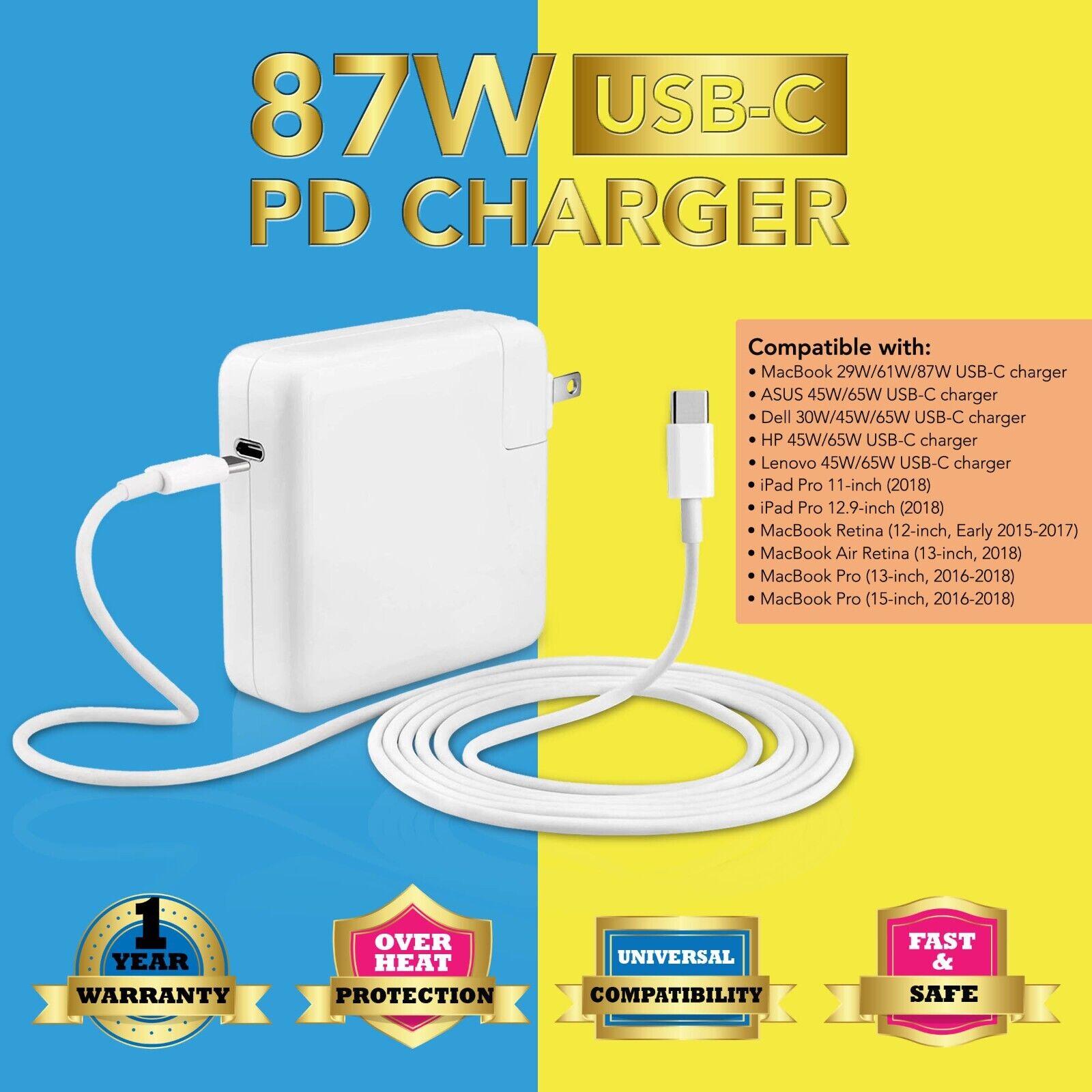 87W USB-C Adapter Charger For iPad Mini 5 7.9-inch 2019, Mini 6 2021, Air 4 2020