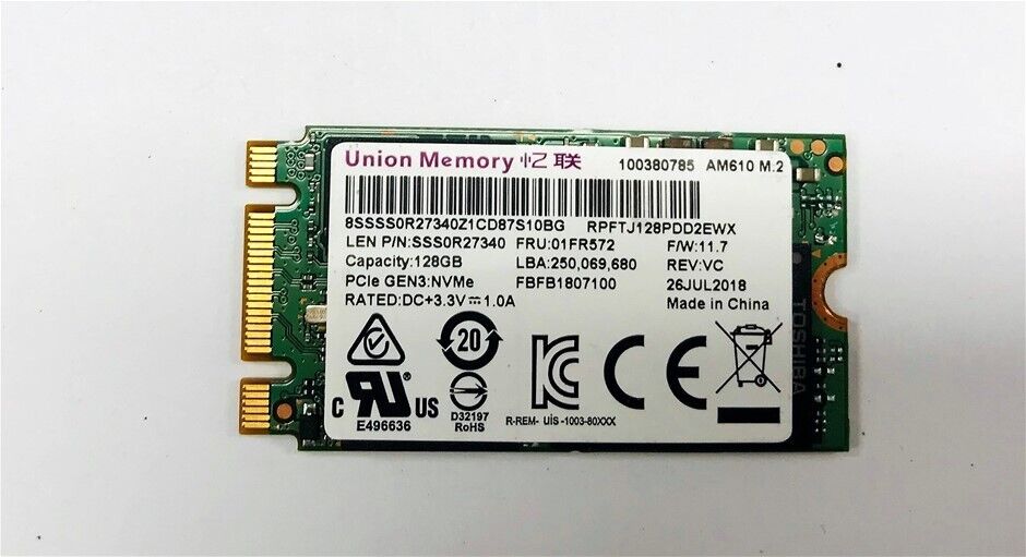 ✔️ Union Memory Lenovo AM610 01FR572 128GB m.2 PCIe NVMe 2242 SSD US SELLER
