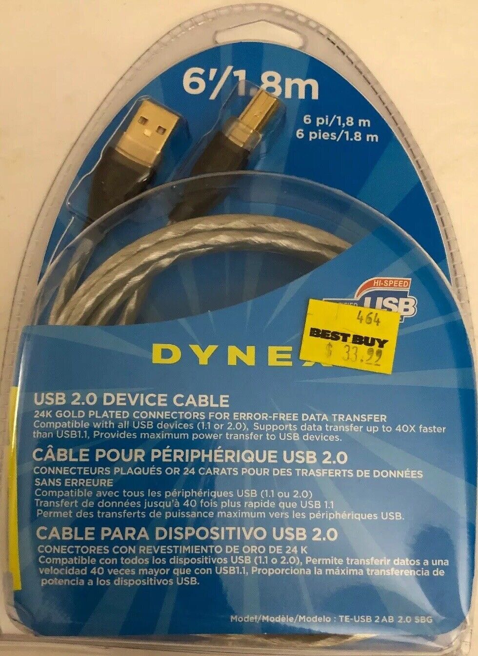 Dynex USB 2.0. A-B DEVICE CABLE 6 FEET 1.8 m NEW SEALED I-1129B-RARE-SHIP N 24HR