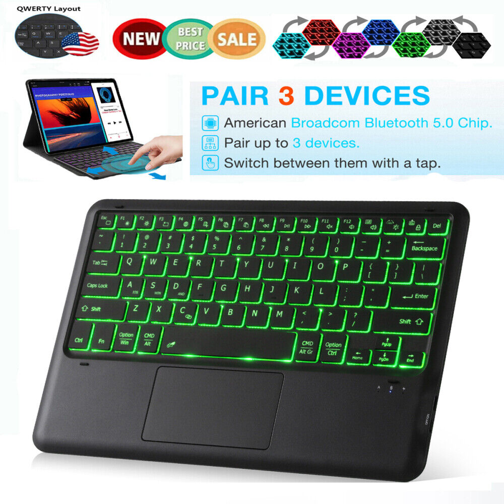 Backlit Bluetooth Keyboard w/Touchpad Mouse for Android IOS Tablet iPad & Stand