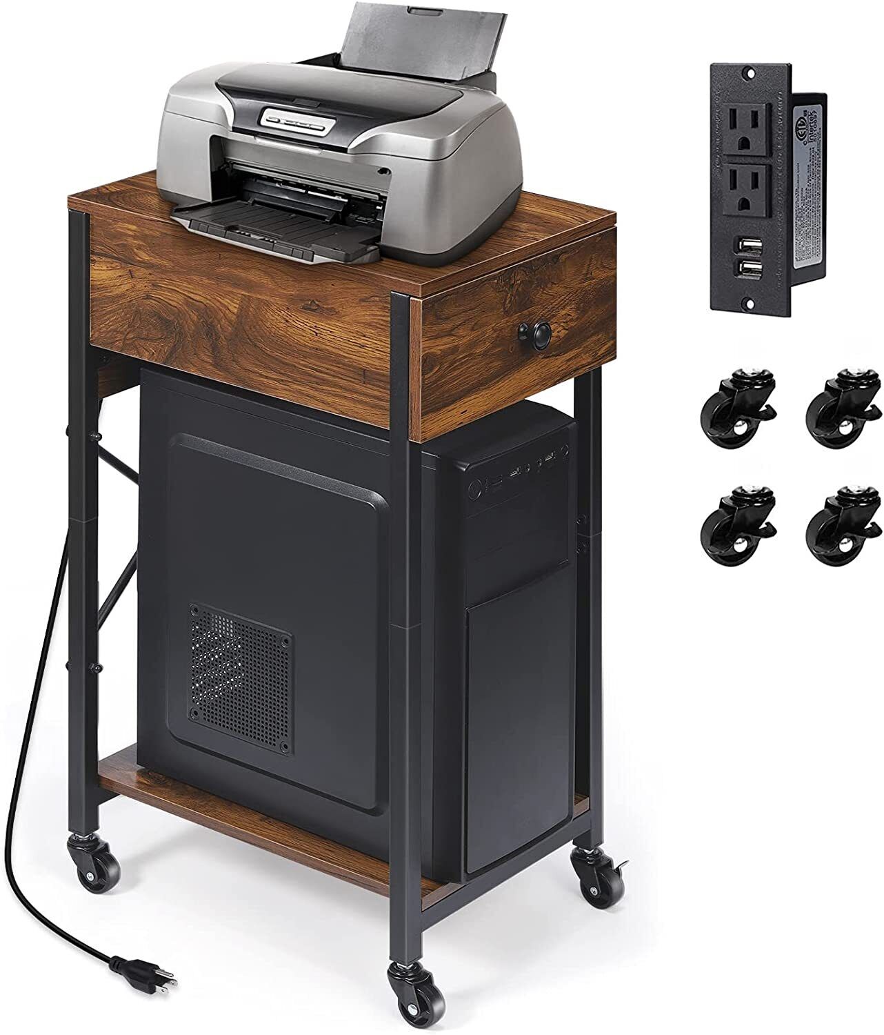 2 Tier Computer Tower Stand with Charging Station Printer Stand Table W/Wheels