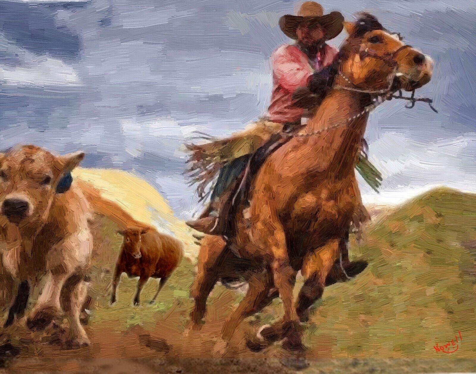 Cowboy Cattle Roundup Roping  Oil Painting Mousepad Computer Mouse Pad  7 x 9