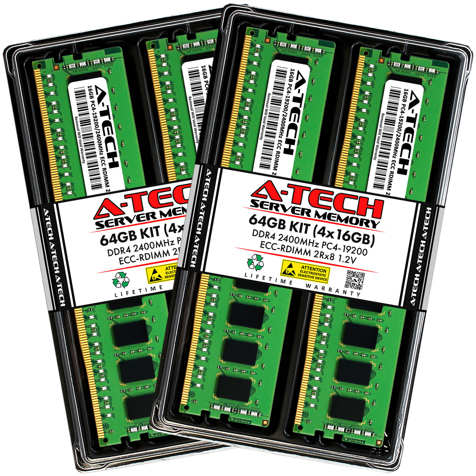 A-Tech 64GB 4x 16GB 2Rx8 PC4-19200R DDR4 2400MHz ECC REG RDIMM Server Memory RAM
