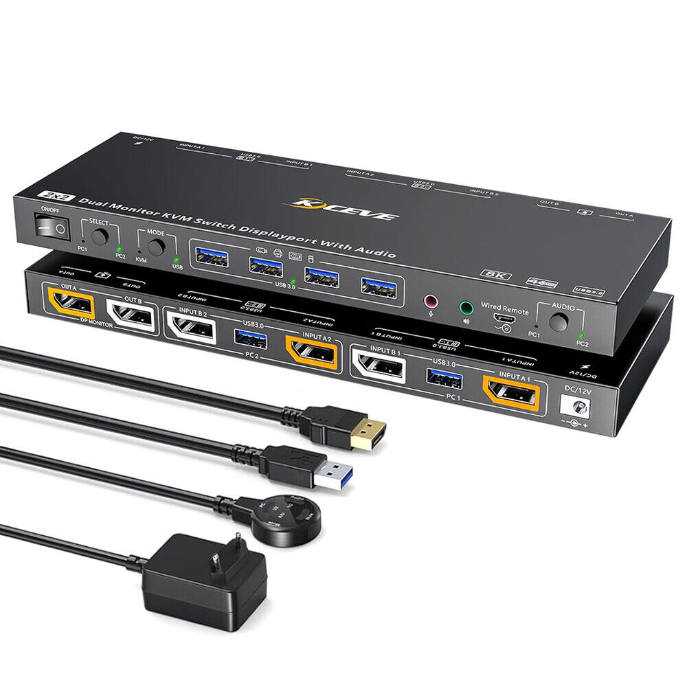 2X2 HDMI KVM Switcher Dual Monitor USB 3.0 HDMI 2.0 Matrix with Remote Control