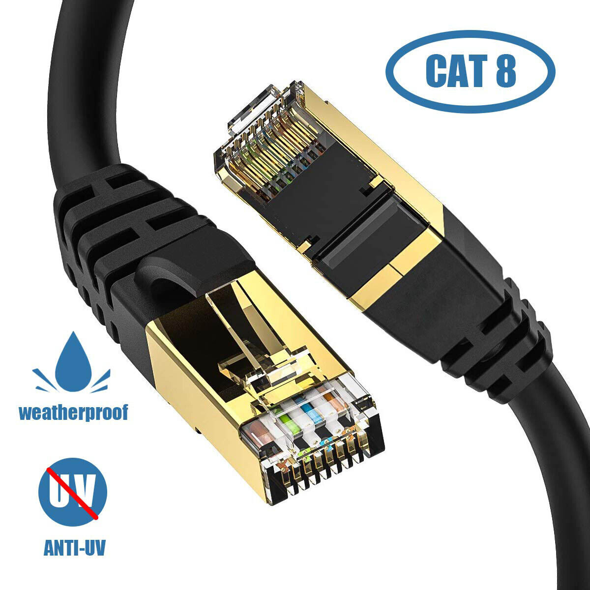 RJ45 LAN Cable CAT8 Ethernet Black F/FTP 6ft 10ft 15ft 25ft 30ft 50ft 60ft Lot