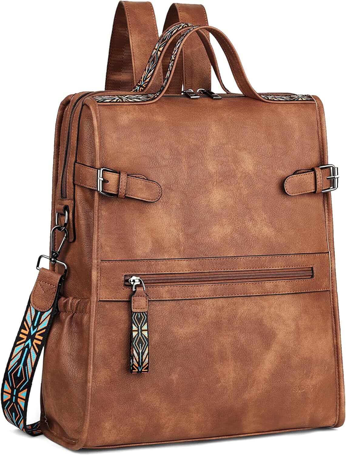 FADEON Leather Laptop Backpack for Women, Designer Ladies Work Purse Brown 
