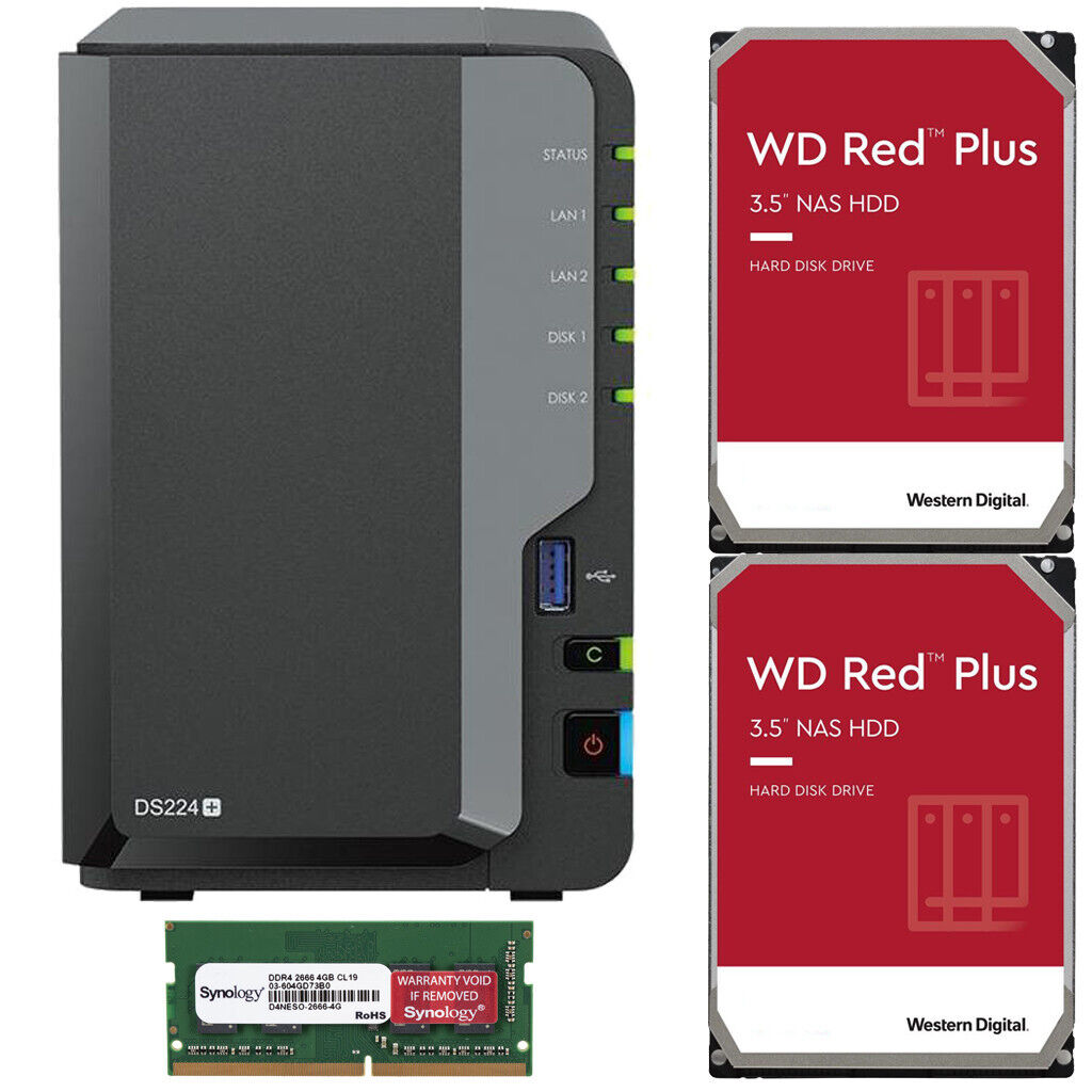 Synology DS224+ NAS 6GB RAM 4TB (2x2TB) WD Red Plus Drives Assembled & Tested