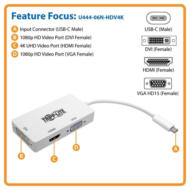 Tripp Lite USB C to HDMI / DVI / VGA Multiport Adapter 4K USB Type C to HDMI