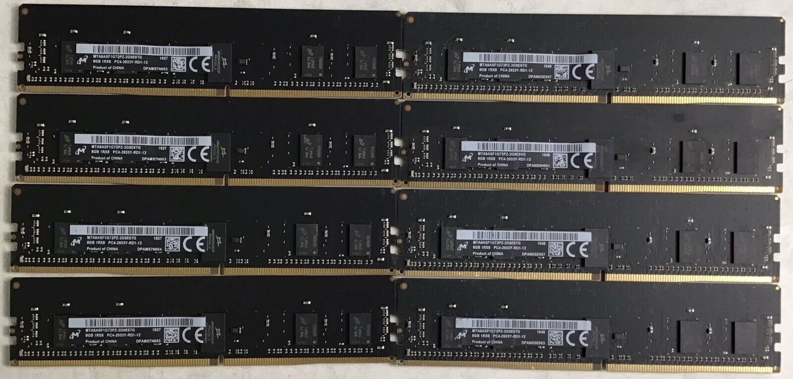 Lot of 8x Micron 8GB 1Rx8 PC4-2933Y-RD1-12 Server Memory MTA9ASF1G72PZ-2G9E6TG