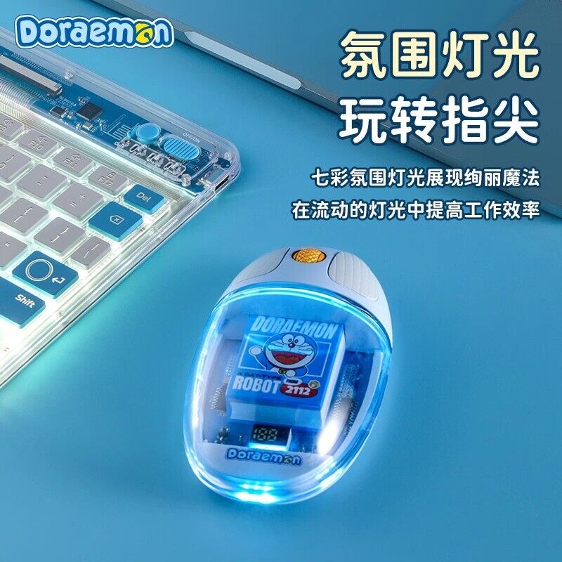 Doraemon Transparent Bluetooth Wireless Mouse Silent Office Can Emit Light Gift