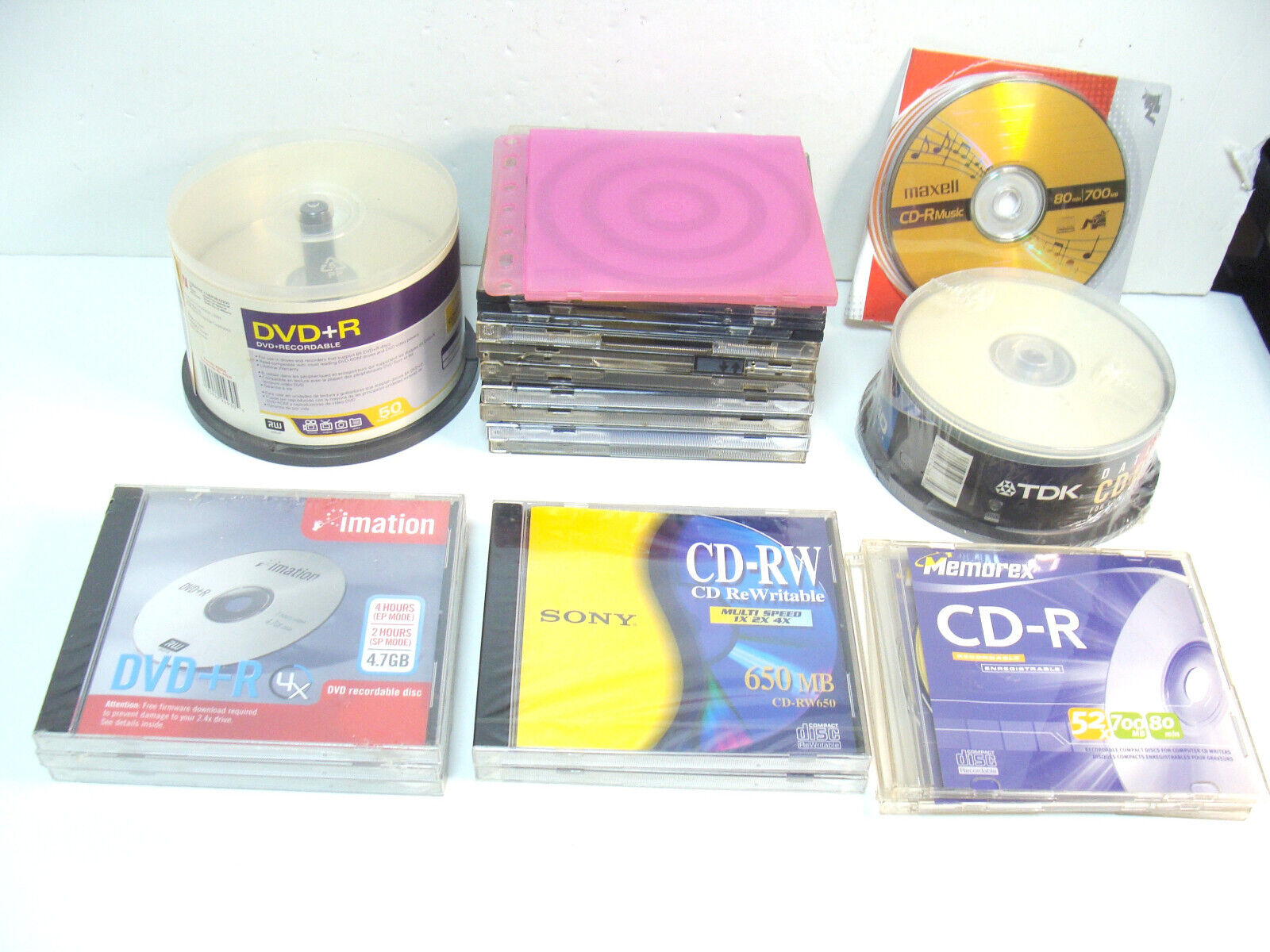 Lot (71) CD DVD Discs TDK Sony Maxell Memorex Verbatim Imation + (12) Used Cases