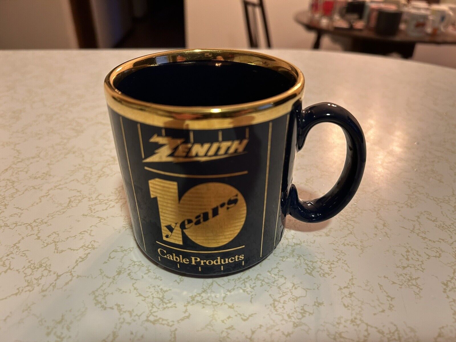 Vintage 1980's Zenith Cable Products Ceramic Coffee Mug, NOS, Blue Gold