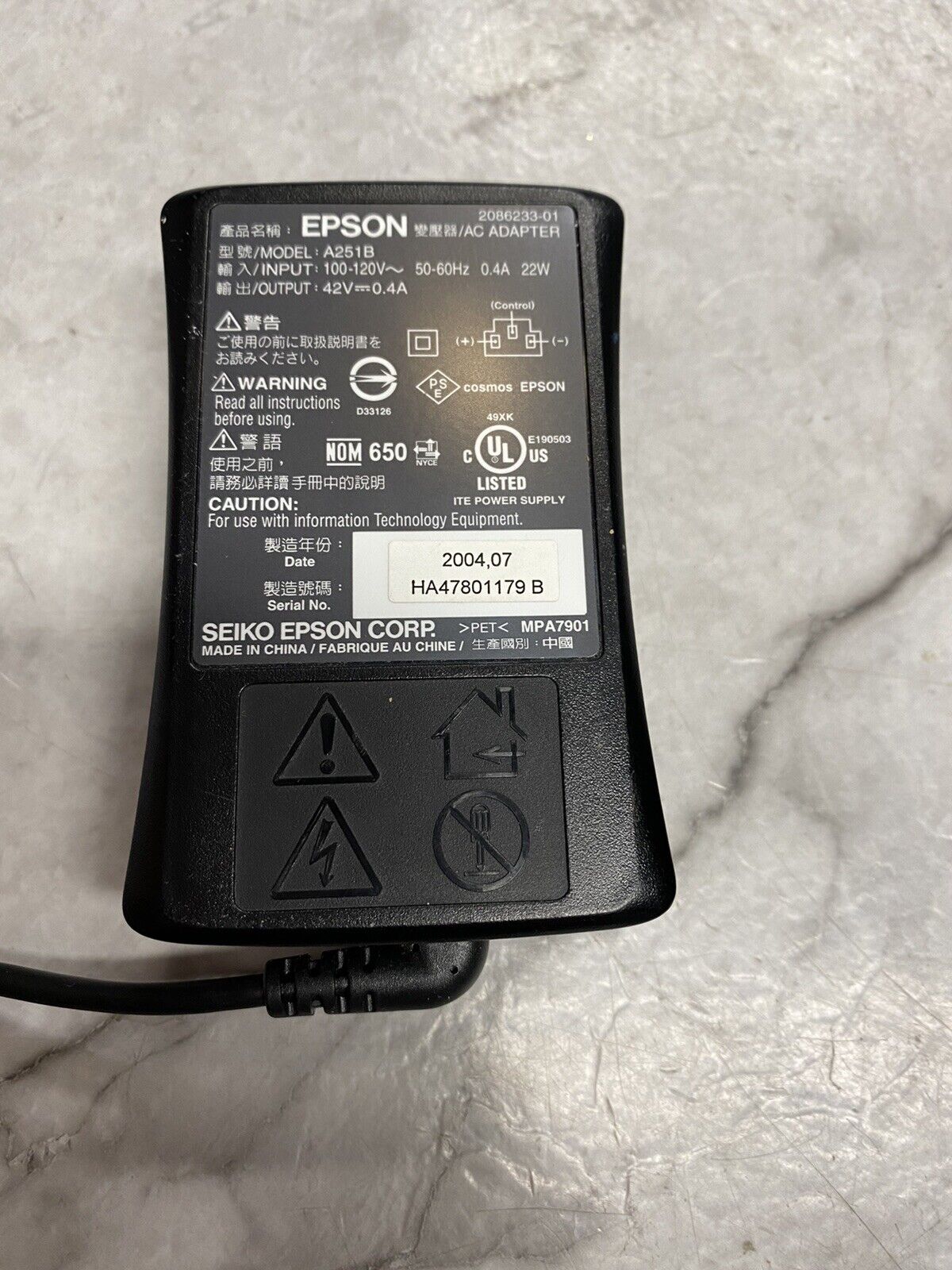 Genuine Epson PictureMate A251B 42V 0.4A 22W AC Adapter 2086233-01