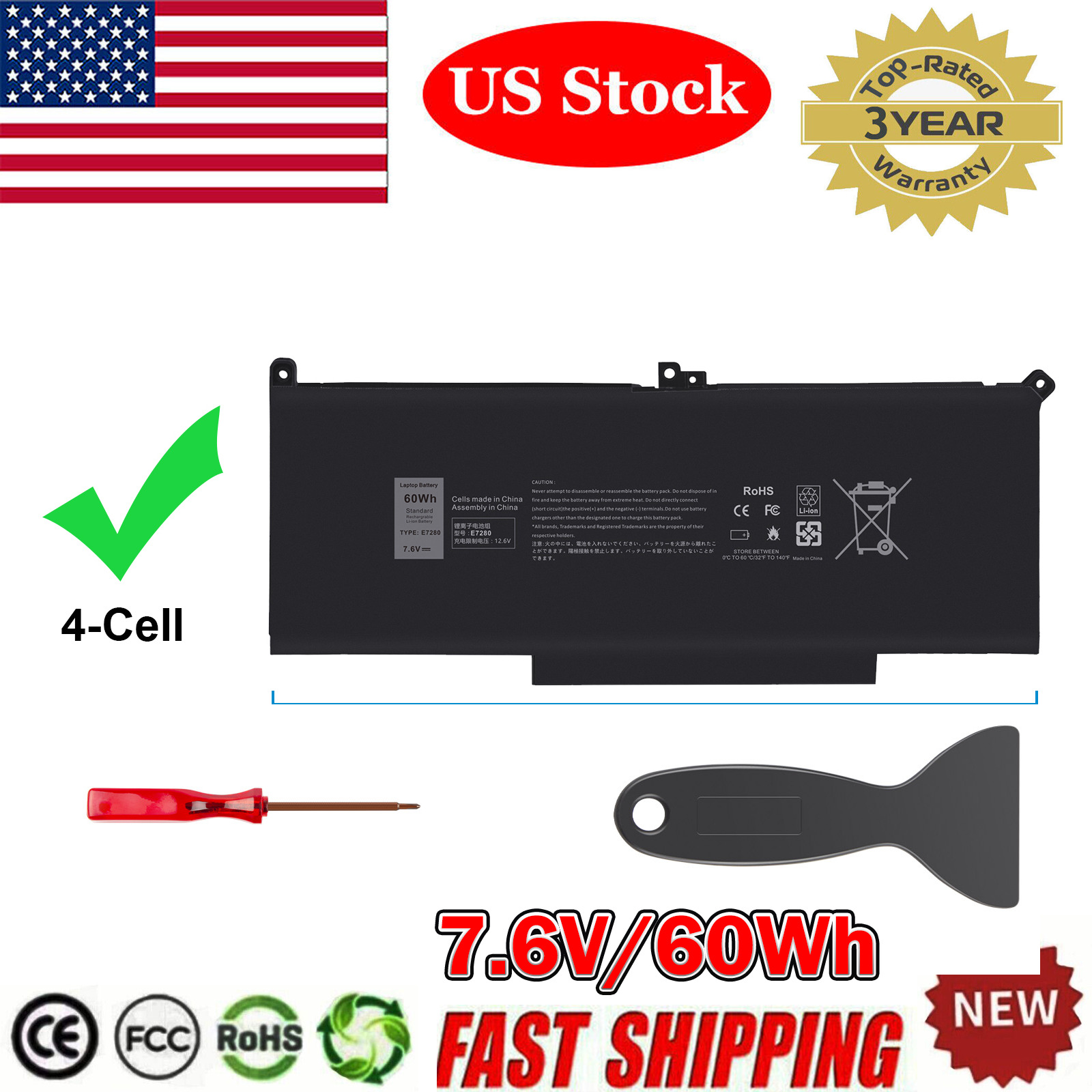 Lot 1-30 F3YGT Battery for Dell Latitude 14 7480 7490 12 7280 7290 13 7380 7390