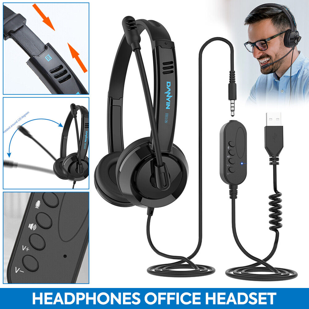 USB Headset & Mic Mute in-line Controls 3.5mm Wired Headphones For Work Office
