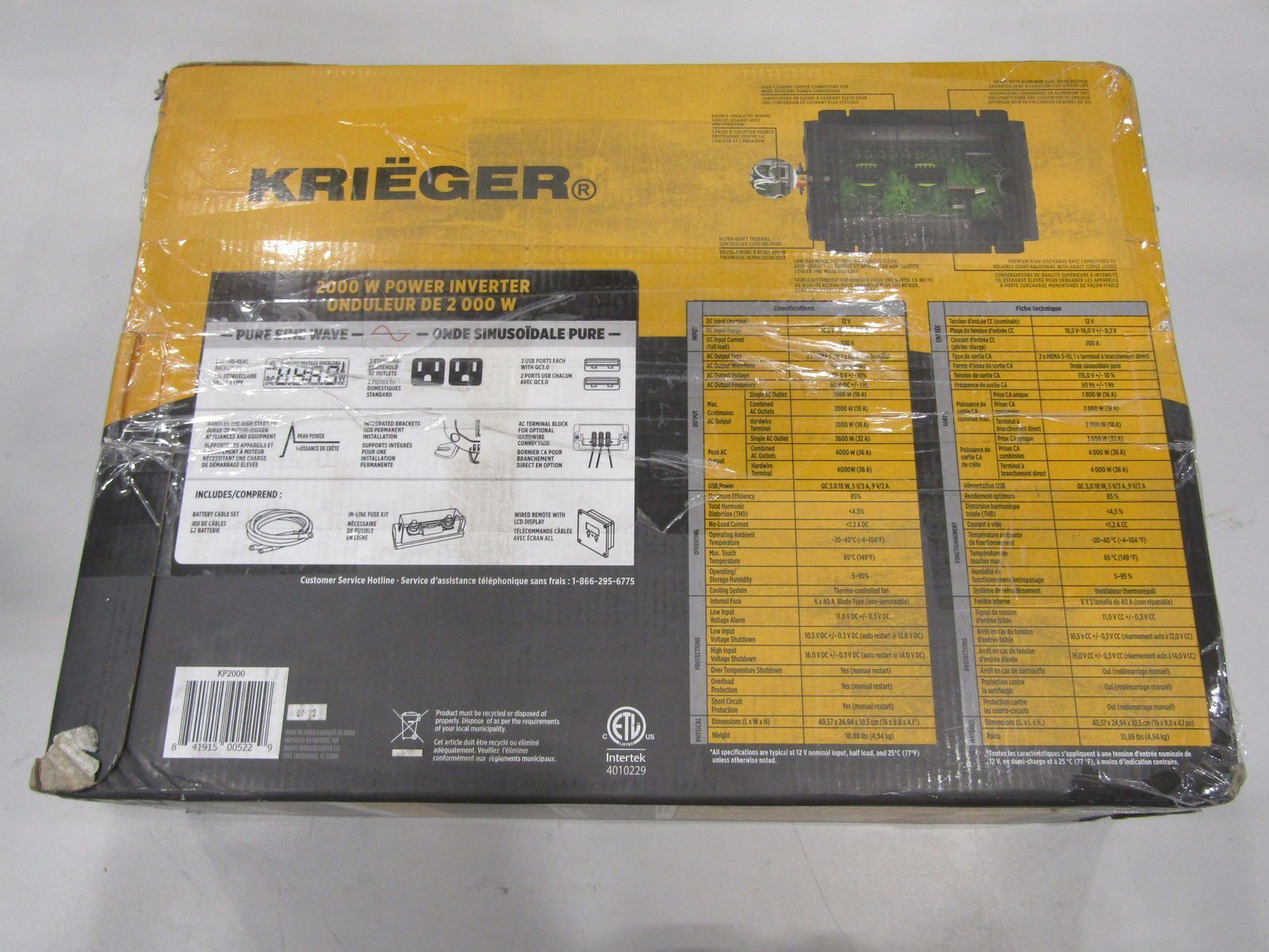 Krieger 2000 Watt 12V Pure Sine Power Inverter With Dual USB & AC Outlets KP2000