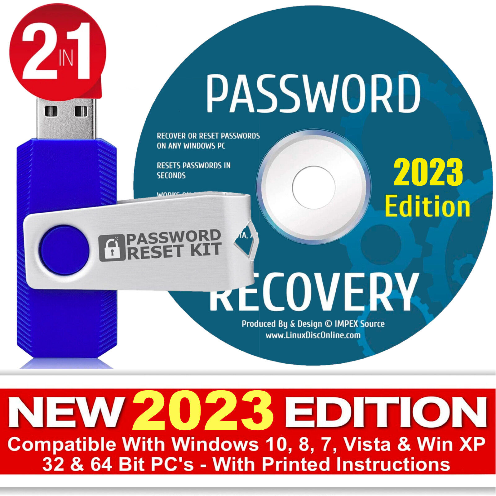 Password Reset Recovery USB & DVD 2023 for Windows 10, 8, 7, Vista XP 32/64-Bit