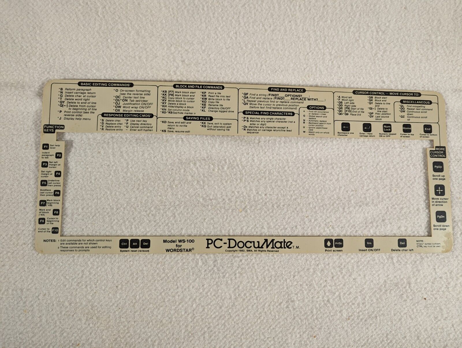 Vtg 1982 SMA PC-DocuMate Keyboard Template Model WS-100 Wordstar