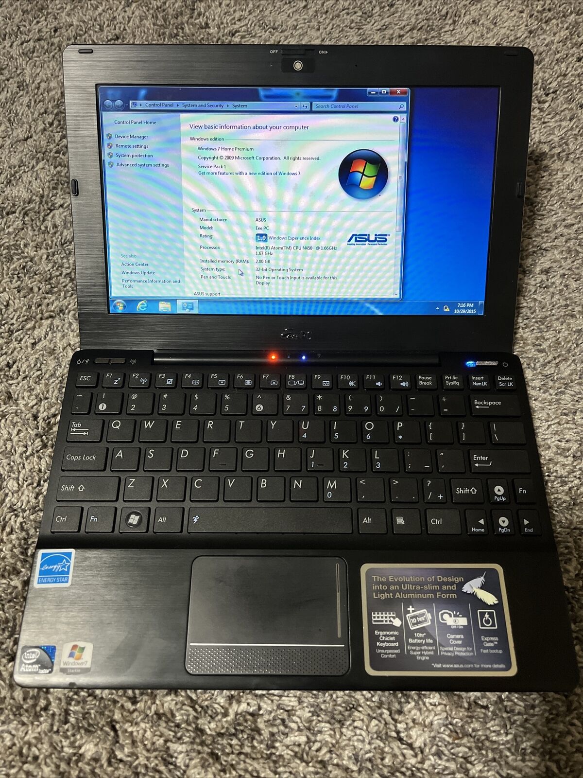 Asus Eee PC 1018P Intel Atom 2GB 250GB Windows XP Netbook Laptop
