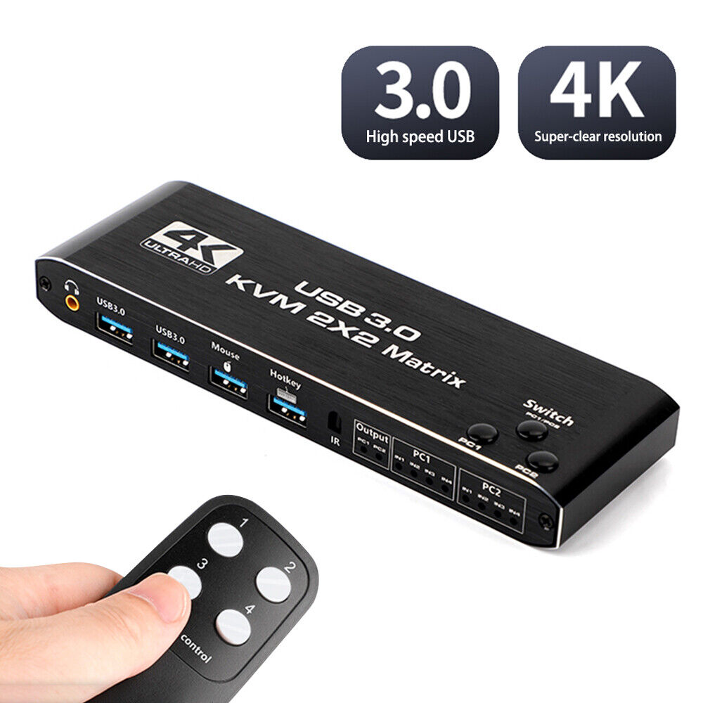 2X2 HDMI Matrix Switch Dual Monitor USB 3.0 HDMI 2.0 Matrix with Remote Control