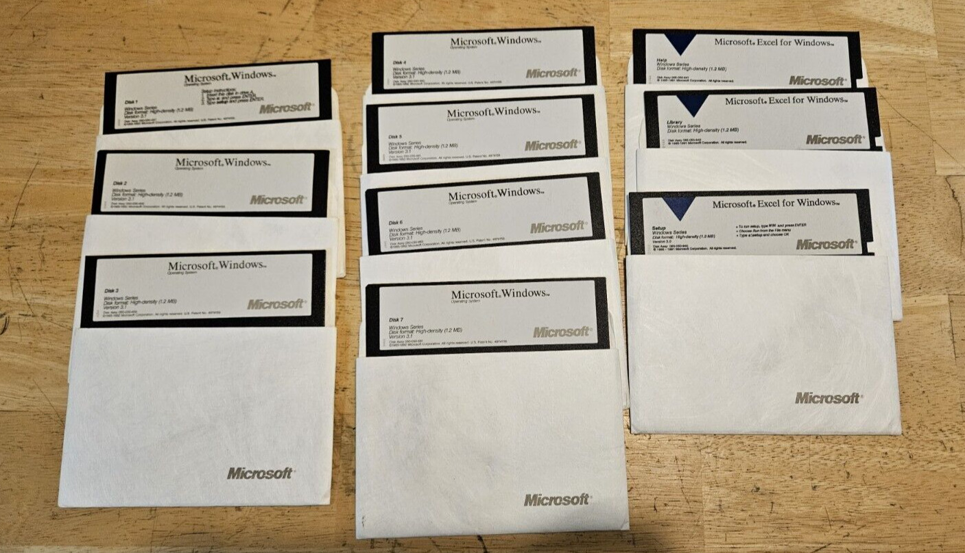 Vintage Microsoft Windows 3.1 Operating System & Excel 5.25 3.0 Floppy Disk 1992