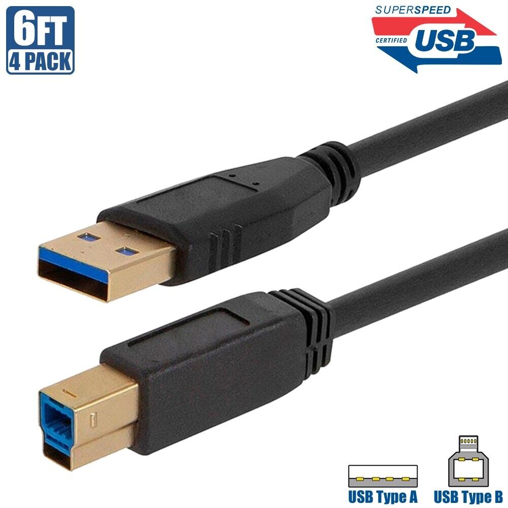 4x 6FT USB-A 3.0 Male to Type B Male SuperSpeed Data Cable For Printer Scanner