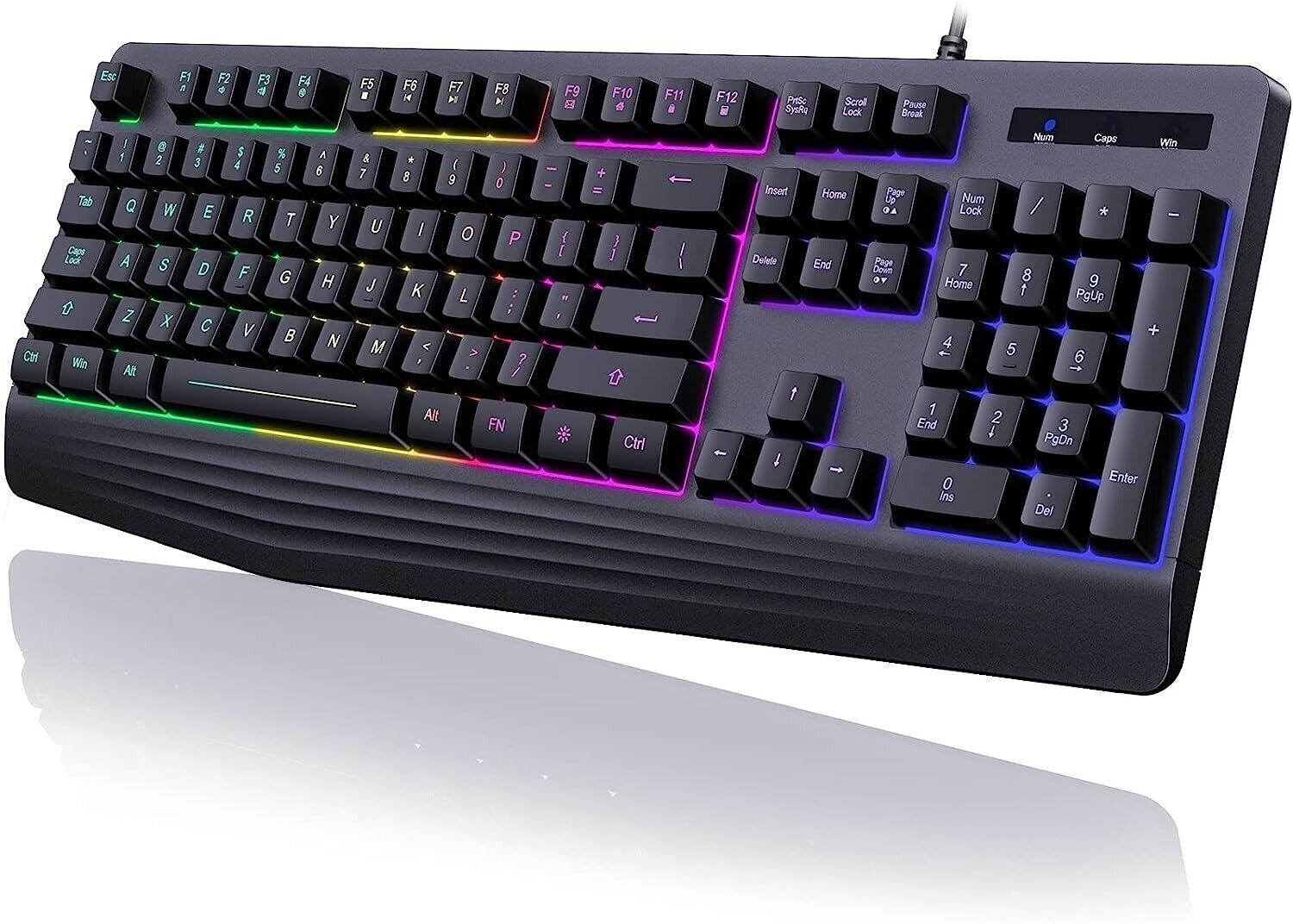 Gaming Keyboard, 7-Color Rainbow LED Backlit,Wrist Rest, Multimedia Keys, for PC
