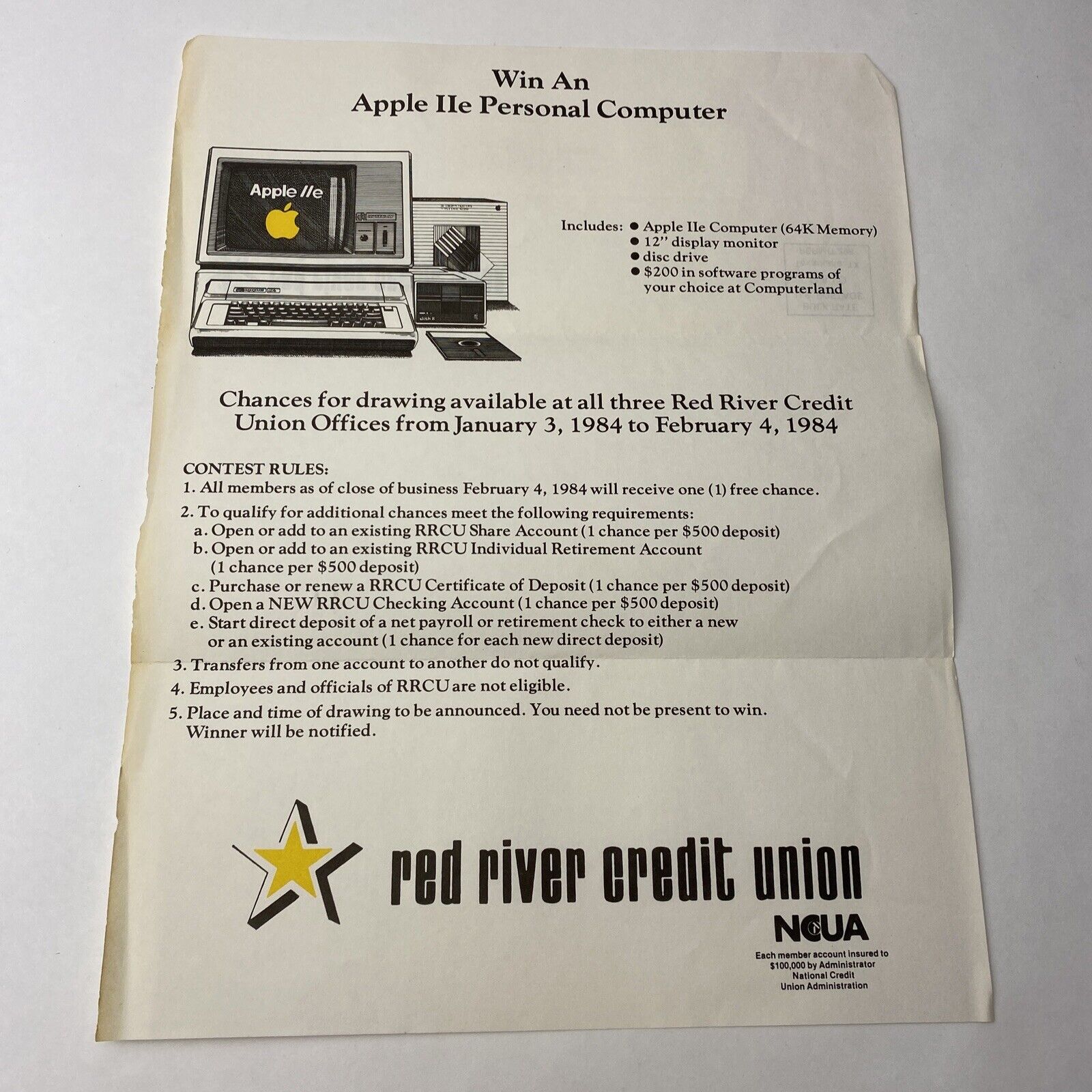 1984 Contest Vintage Ad Win Apple IIe Personal Computer by Red River Credit Unio