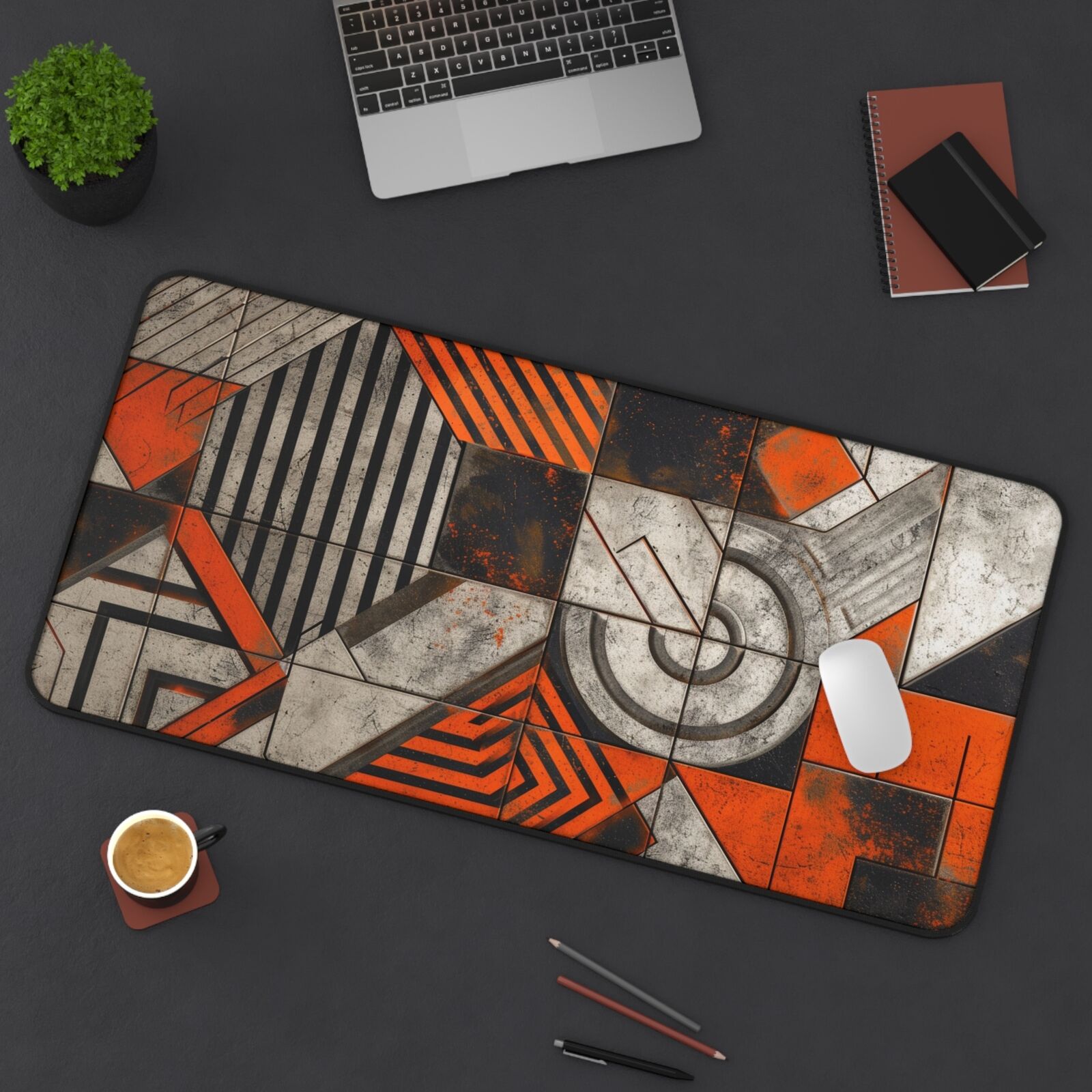 XL Desk Mat, Geometric Shapes with Art Deco Vibes, Orange and Concrete, Desk Mat