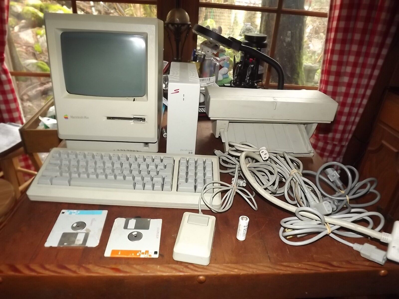 1986 Apple Macintosh Plus Computer with data frame 30, printer, keyboard, mouse.