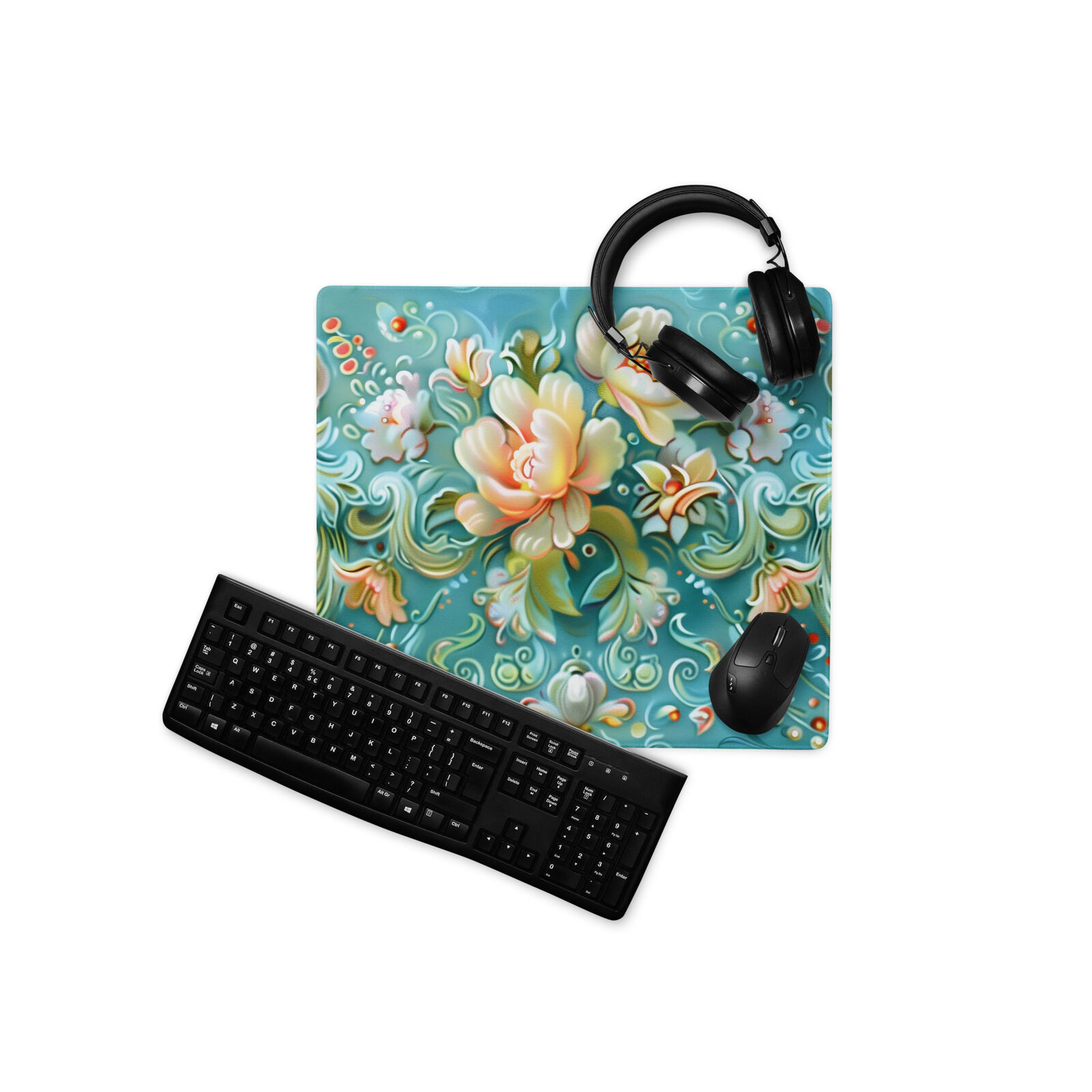 Pearls & Roses Gaming Mouse Pad, Floral Mousepad, Vintage Print Extended Deskmat