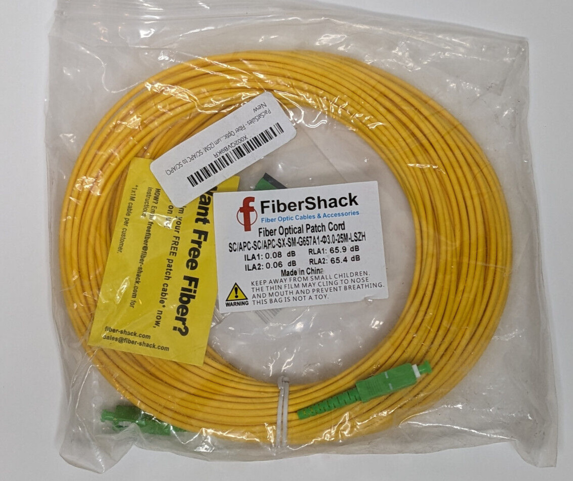 FiberShack 25m Single Mode SC/APC To SC/APC Simplex Fiber Optic Patch Cable