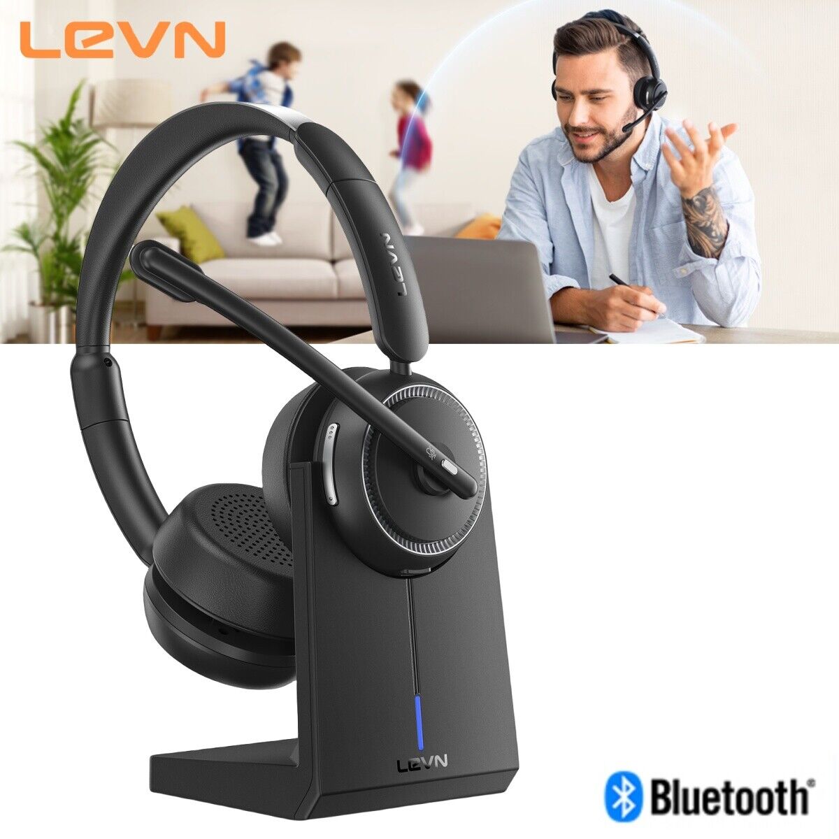 LEVN Bluetooth Wireless Headset, With Noise Canceling Microphone & Charging Base