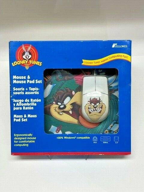 Vintage 1997 Fellowes Looney Tunes Taz Tasmanian Devil Computer Mouse & Pad Set