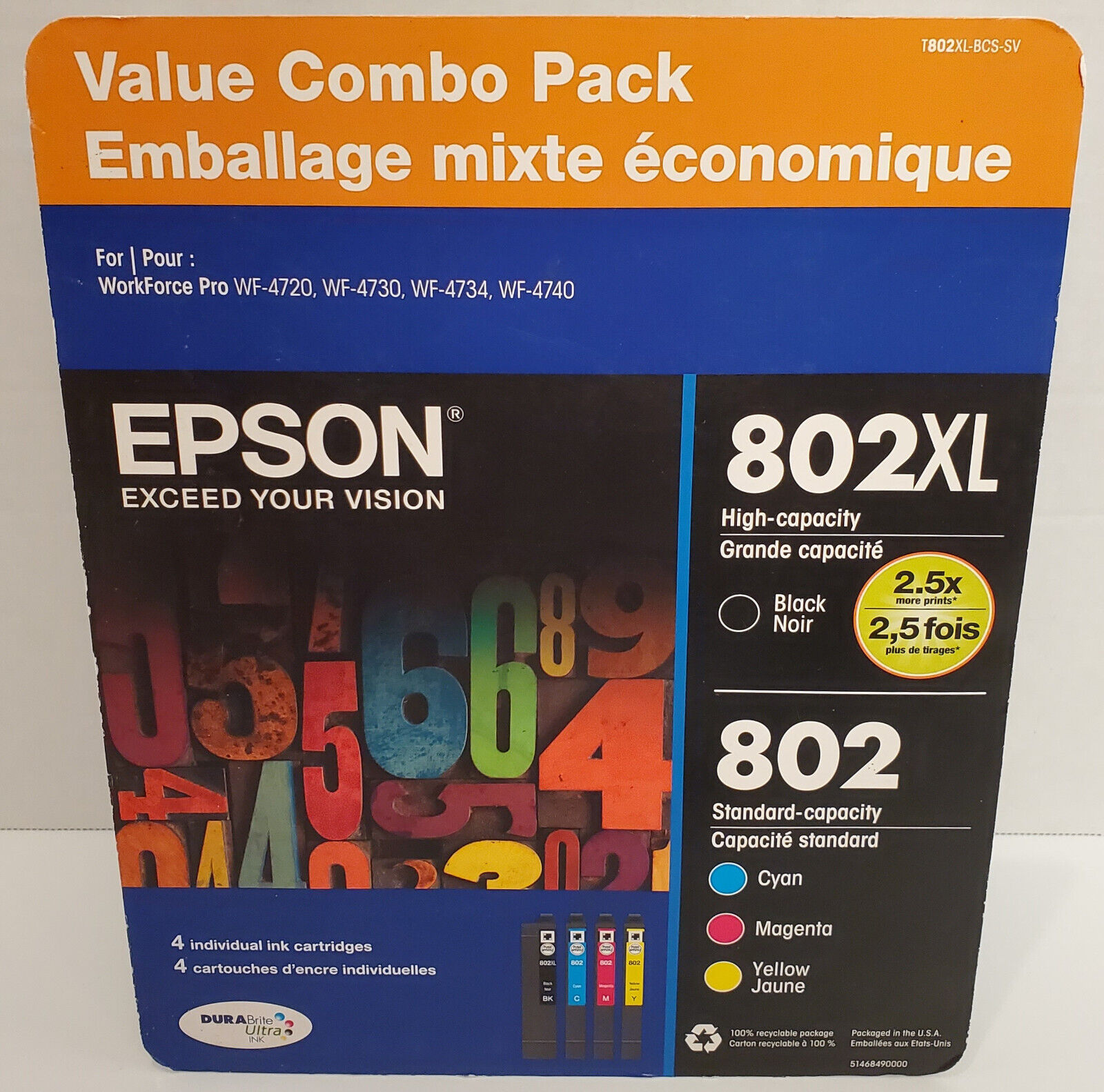 Epson T802XL-BCS Black and Color Cartridge Combo 4 Pack Genuine