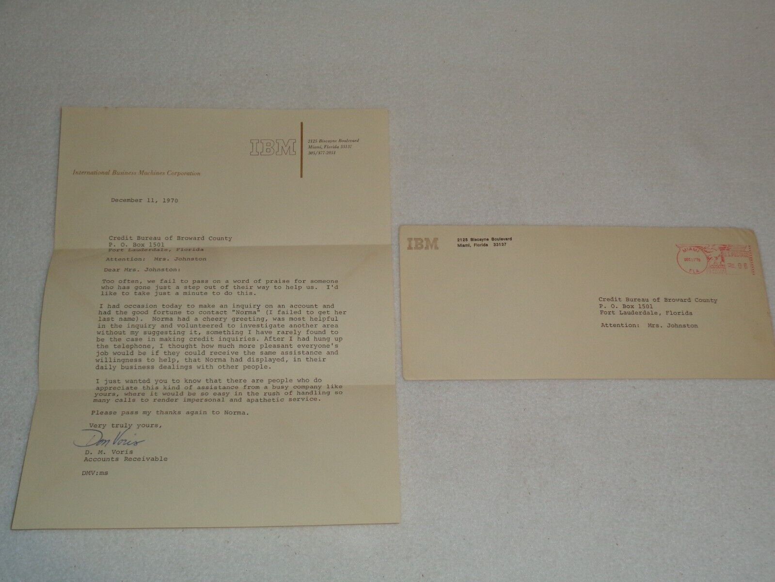 IBM International Business Machines Corporation 1970 Miami FL Original Letter