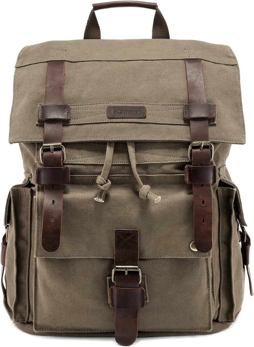 Kattee Men's Canvas Leather Hiking Travel Backpack Army Green 