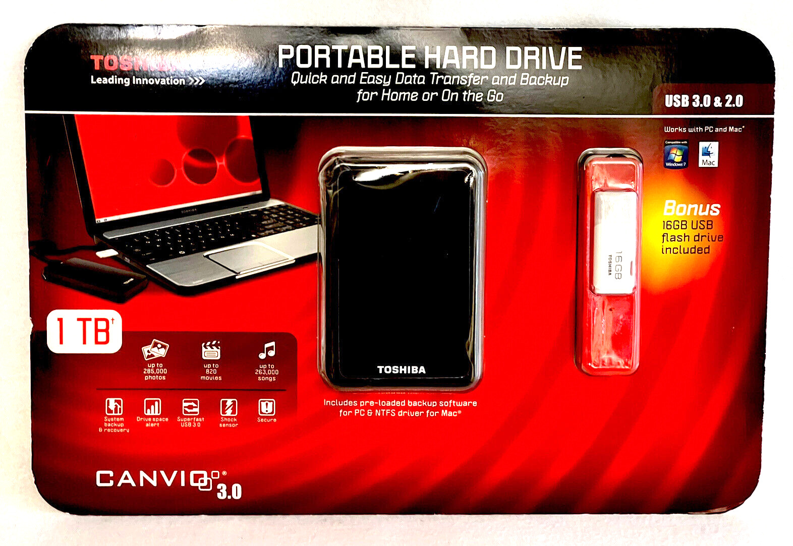 Toshiba Canvio 3.0 1TB Portable Hard Drive USB 3.0 & 2.0 NWT
