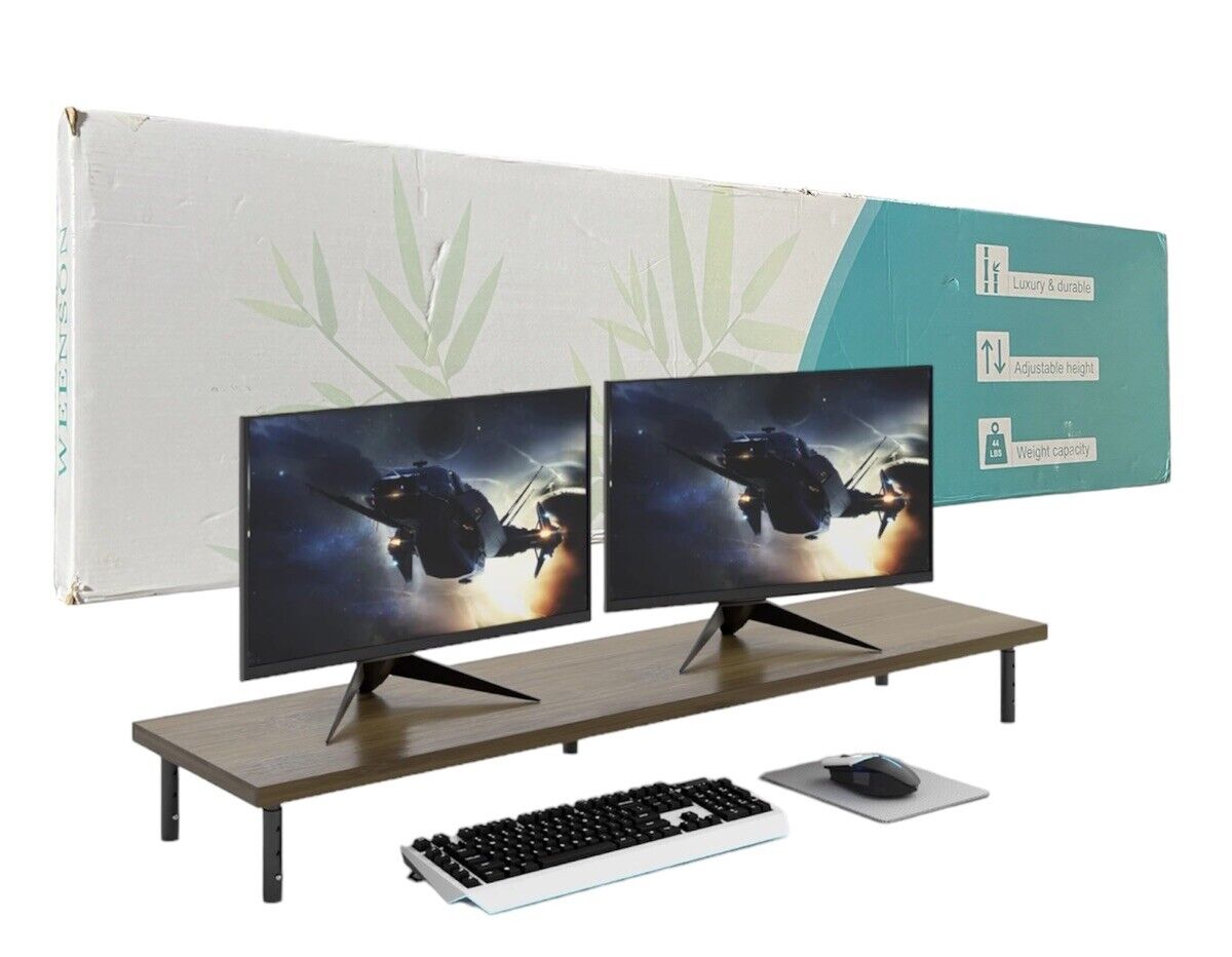 Weenson Dual Monitor Stand for Desk - Bamboo Long Monitor Stand Riser With 3 Ht