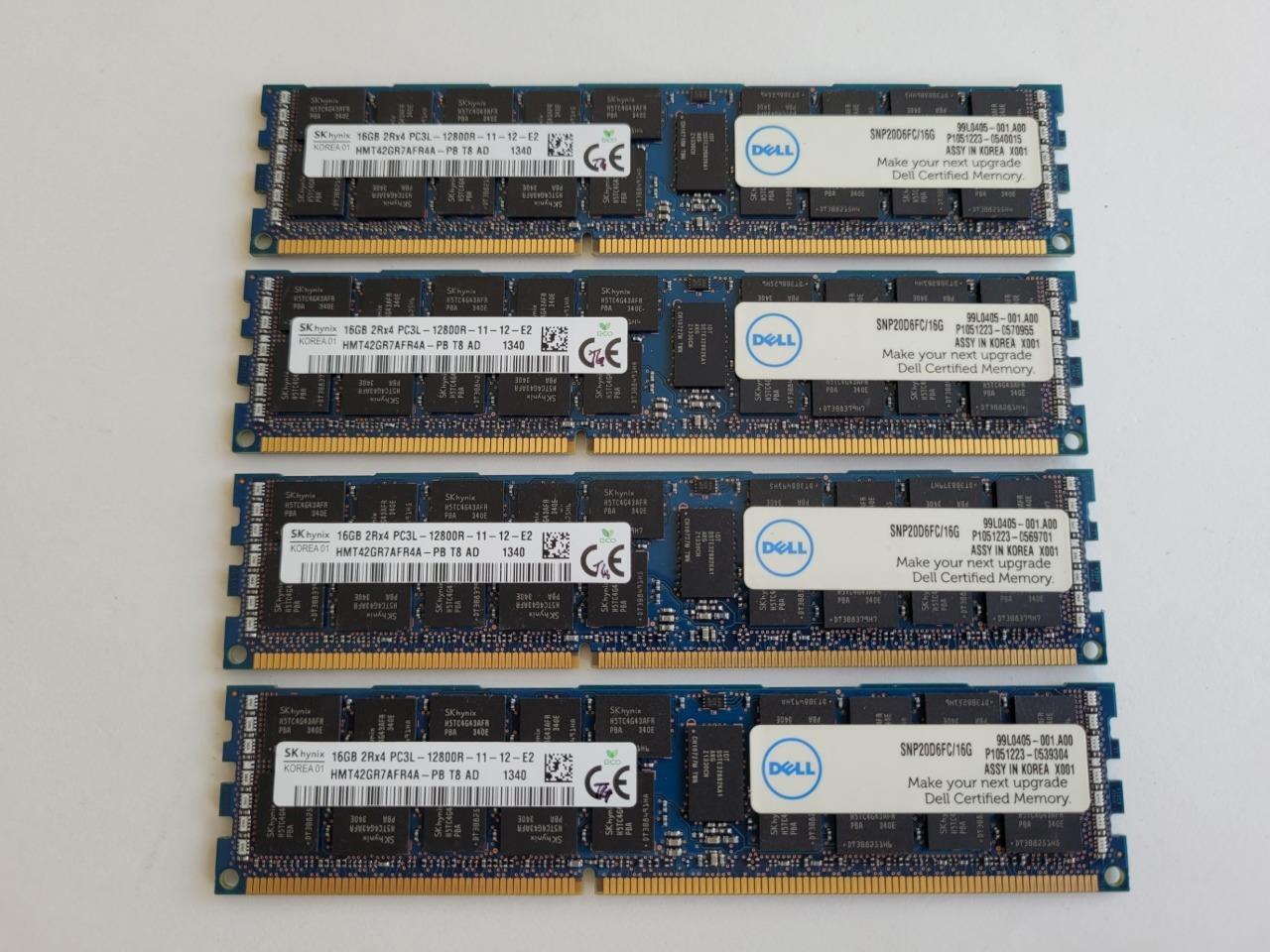 Lot of 4 Dell PC3L-12800R 16GB 2Rx4 ECC Server Memory Sticks SNP20D6FC/16G