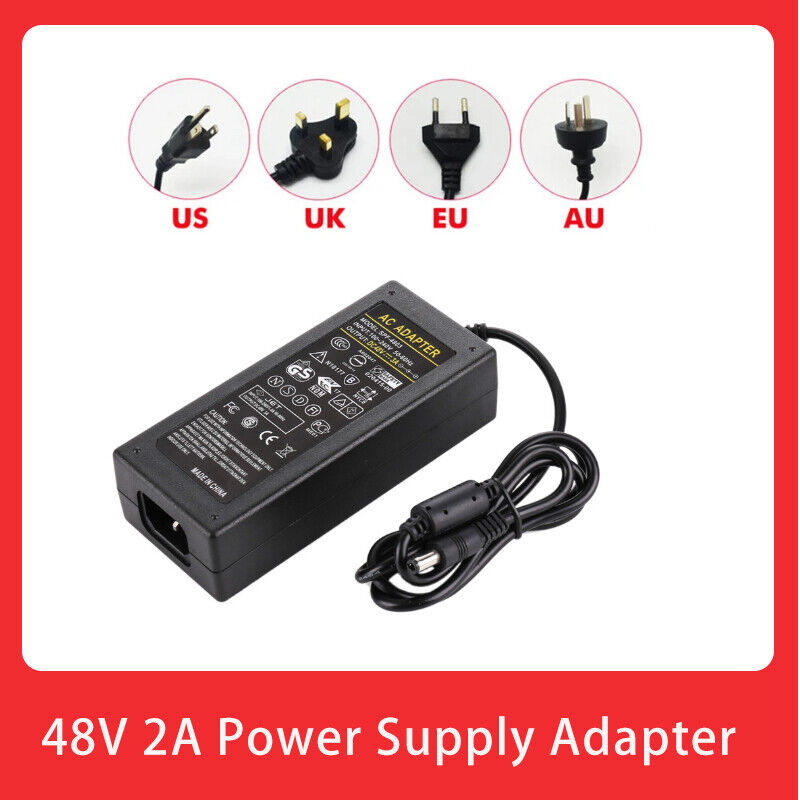 48V 2A 96Watt AC to DC Power Supply Adapter 100-240V for PoE Switch Injector