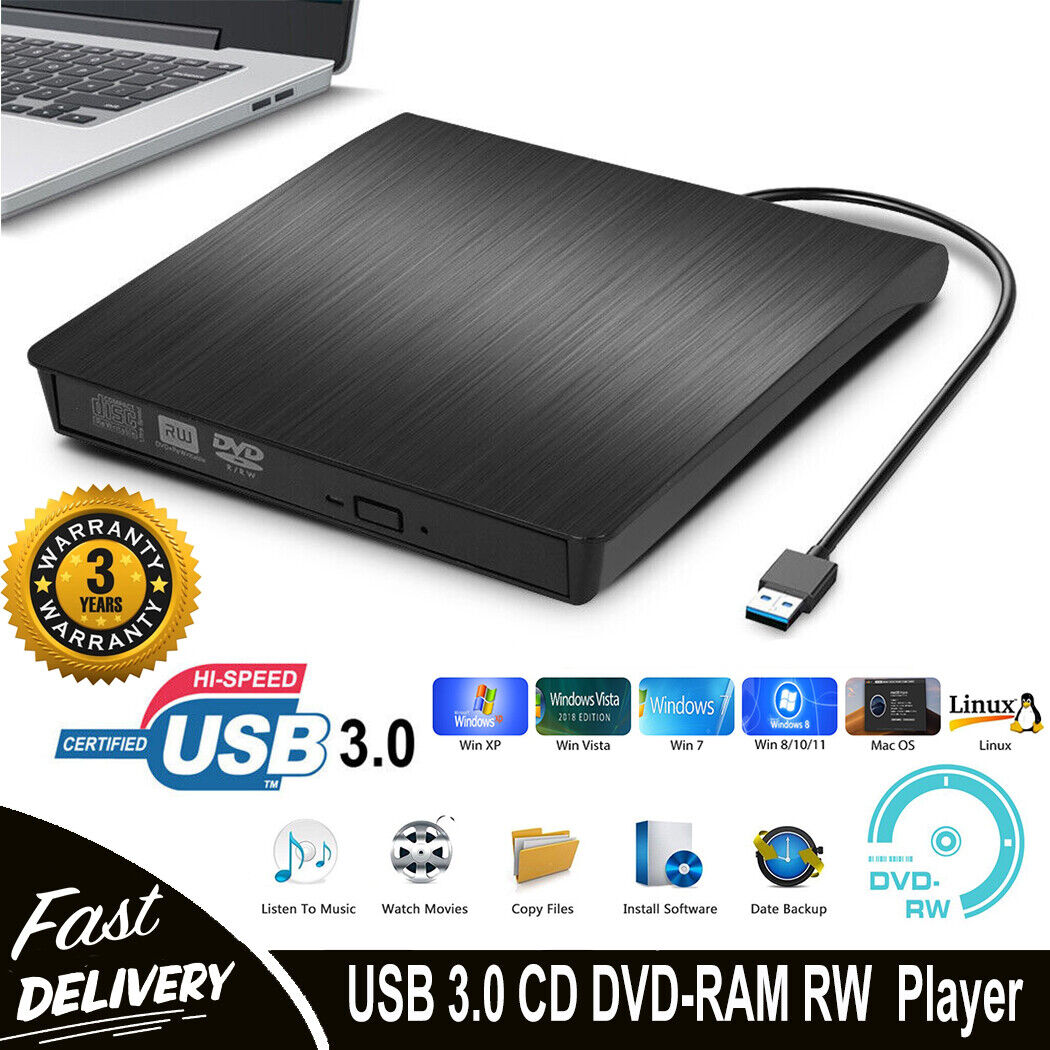 Slim External USB 3.0 CD DVD Drive Disc Player Burner Writer For Laptop PC Mac