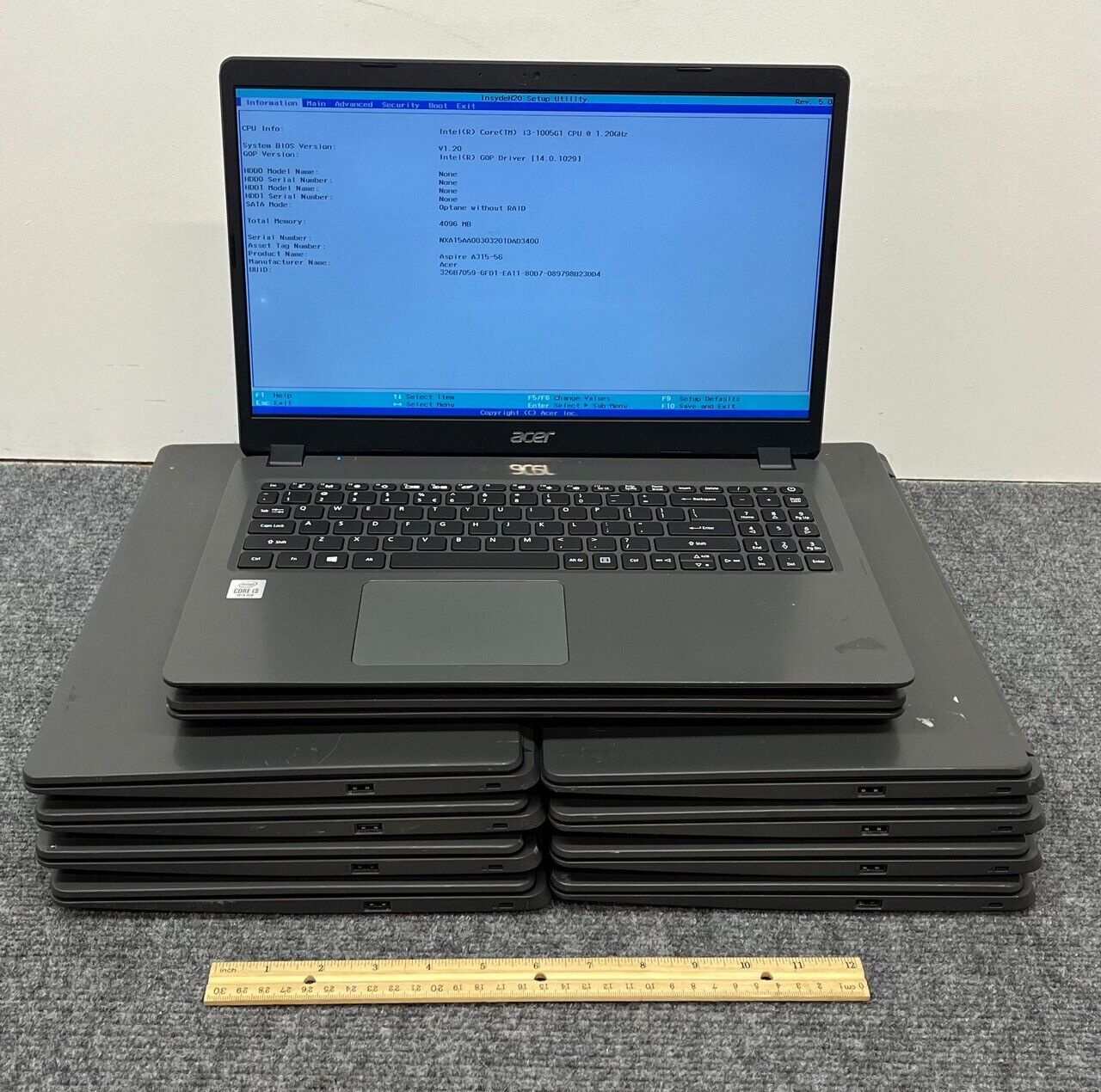 Lot of 10 Acer Aspire A315-56 Laptops i3-1005G1, 4GB, No Storage - Boots to BIOS