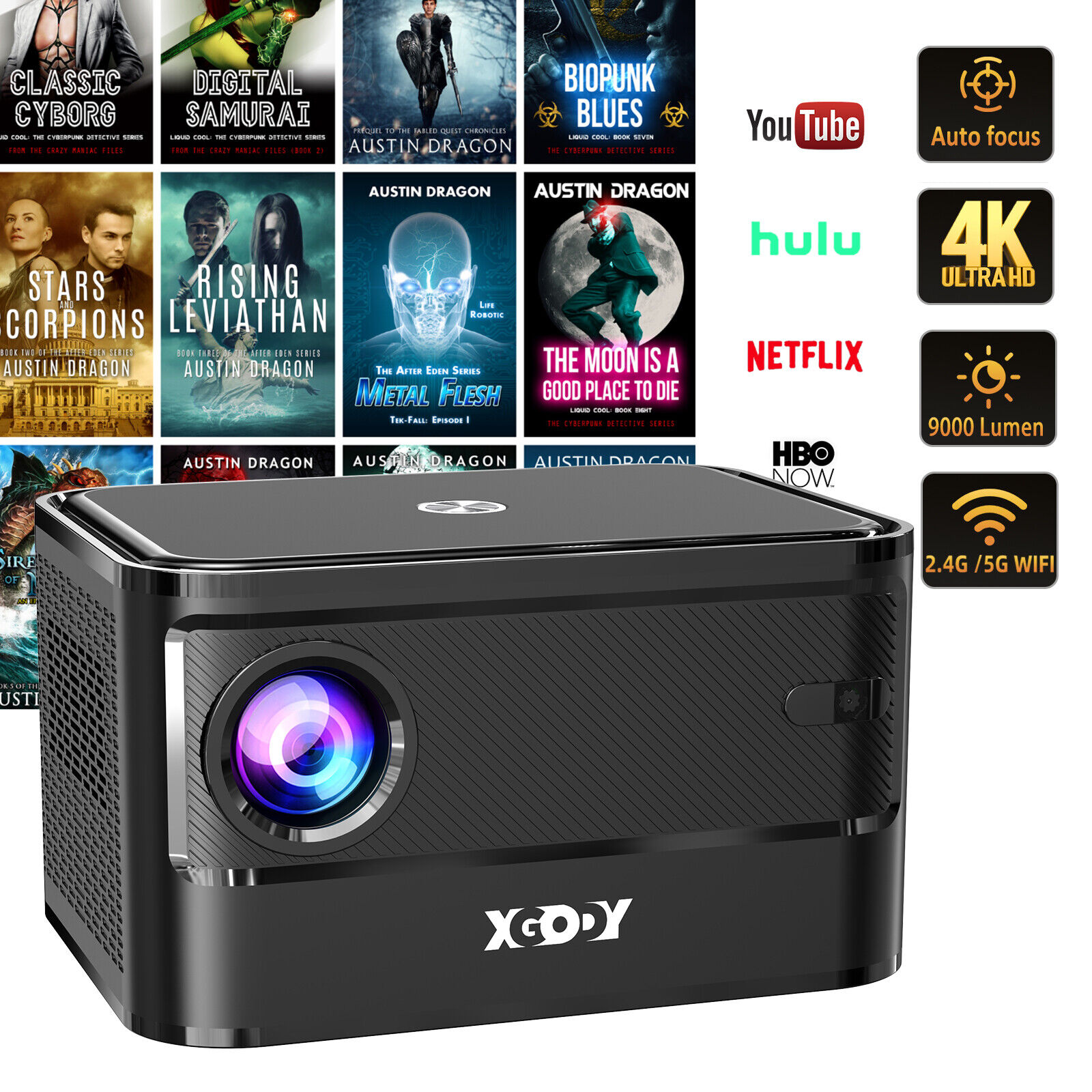 XGODY 4K 5G WIFI Projector Android AutoFocus Mini Home Theater Cinema Video HDMI