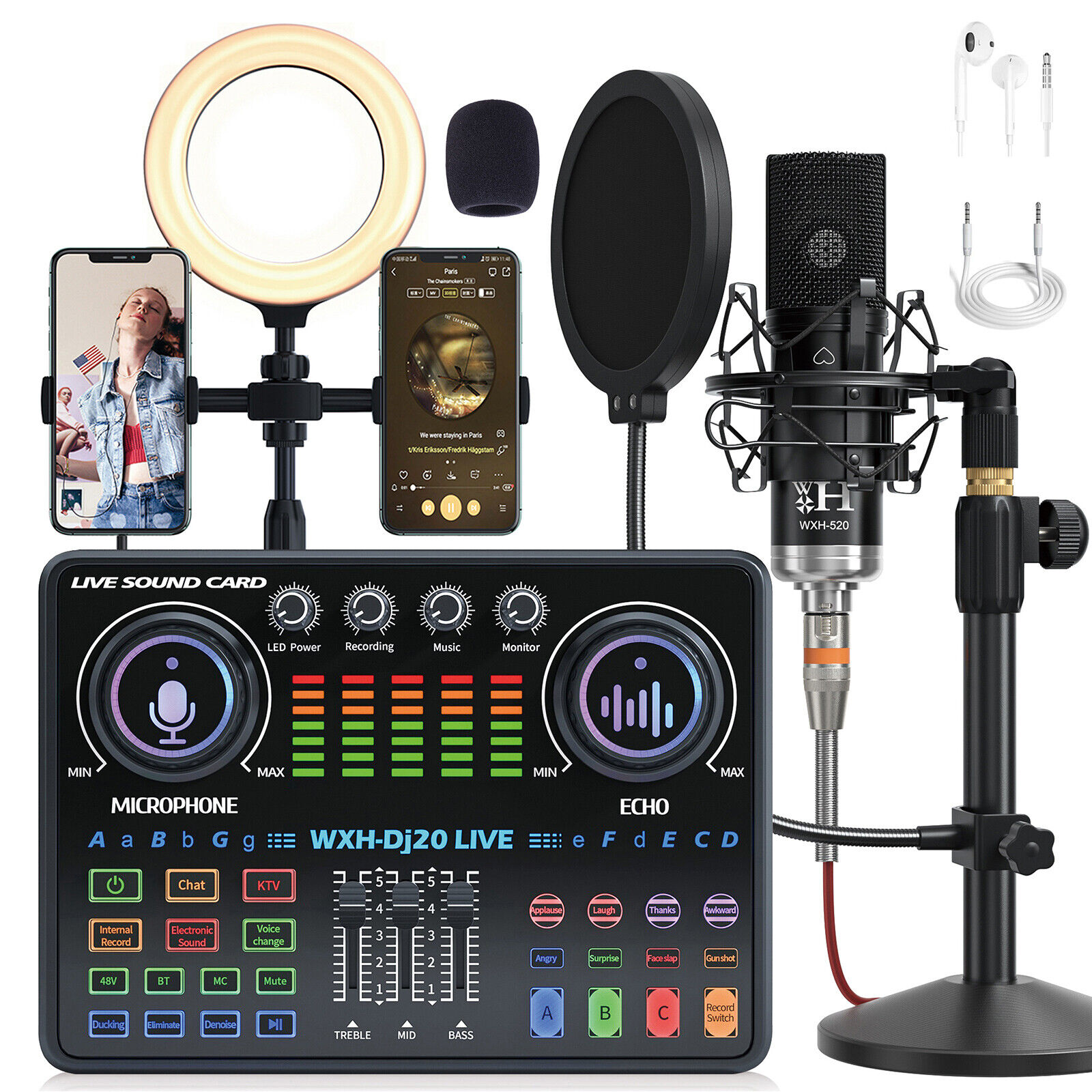 48V Microphone Mic Kits Broadcasting Studio Recording Condenser + RGB Fill Light