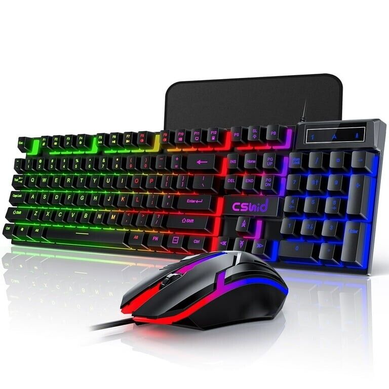 Rainbow Backlit Gaming Keyboard and Mouse Combo Set USB Wired 7 Color LED