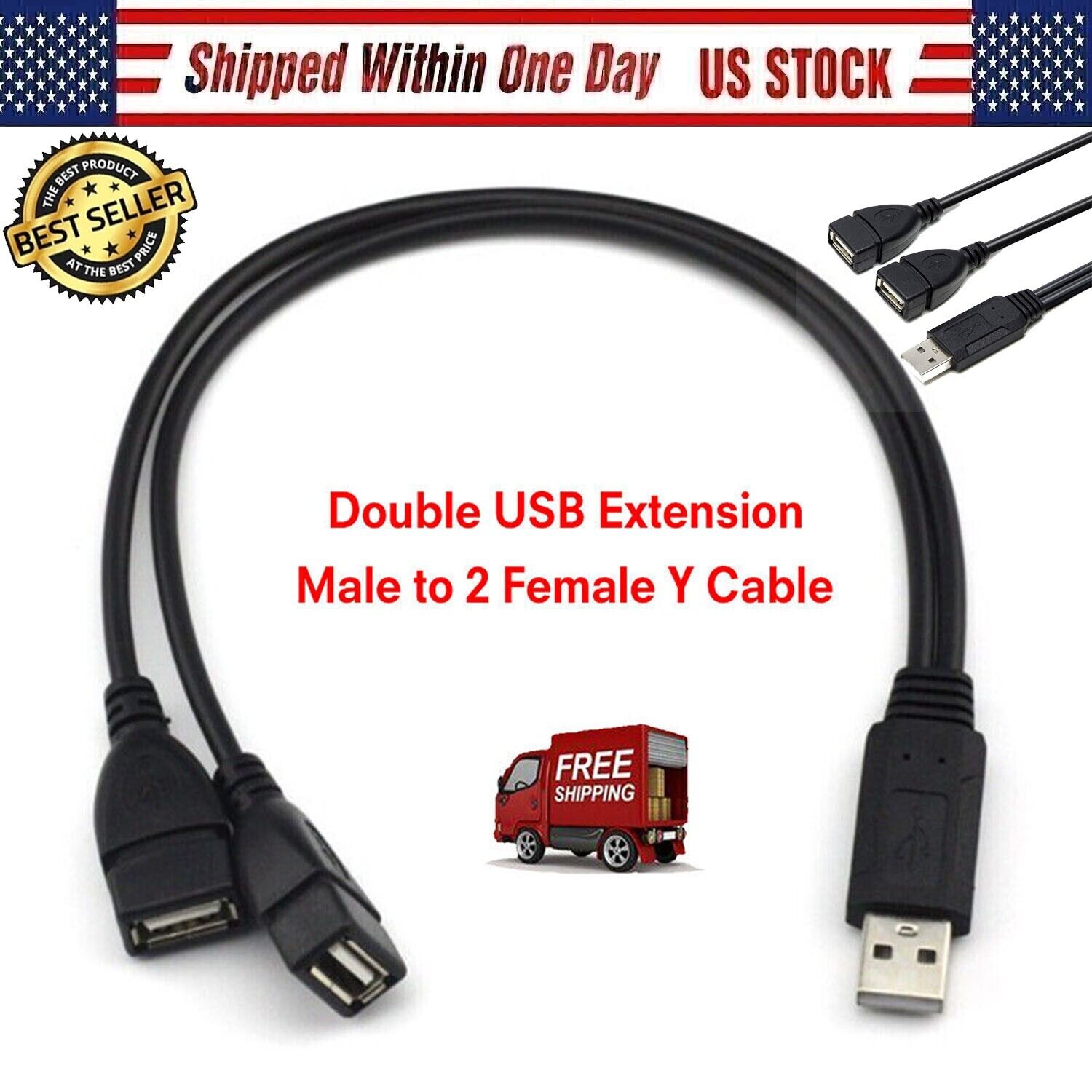 2x USB 2.0 Ports Jack Y Splitter Hub Power Cord Adapter Male To 2 Female Cable